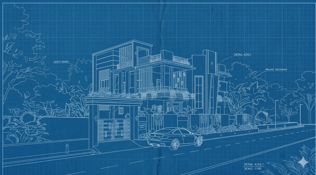 Blueprint style architectural drawing