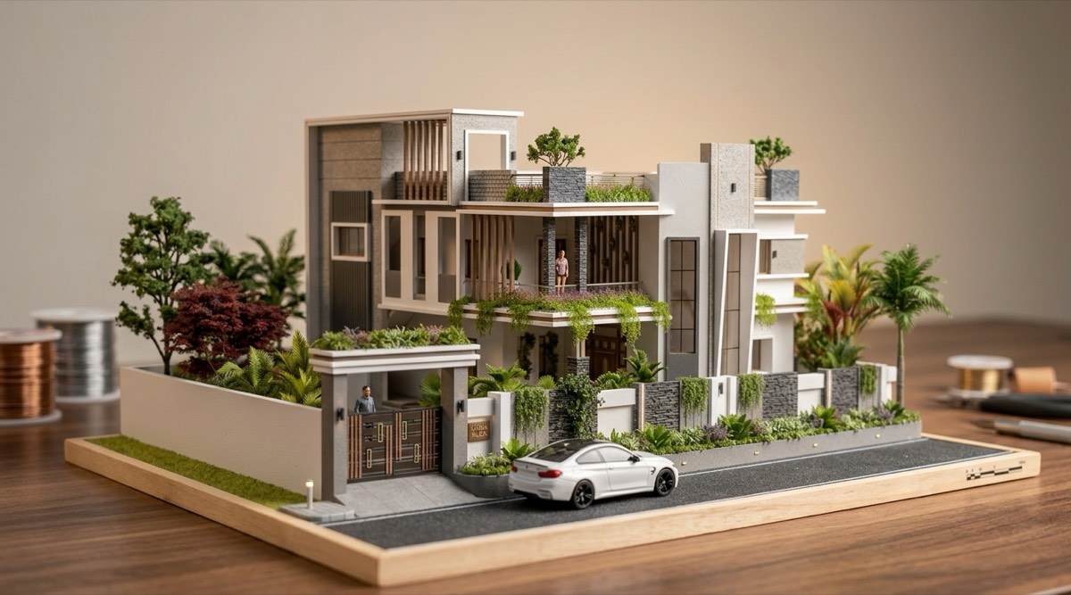 Miniature scale model render on studio table