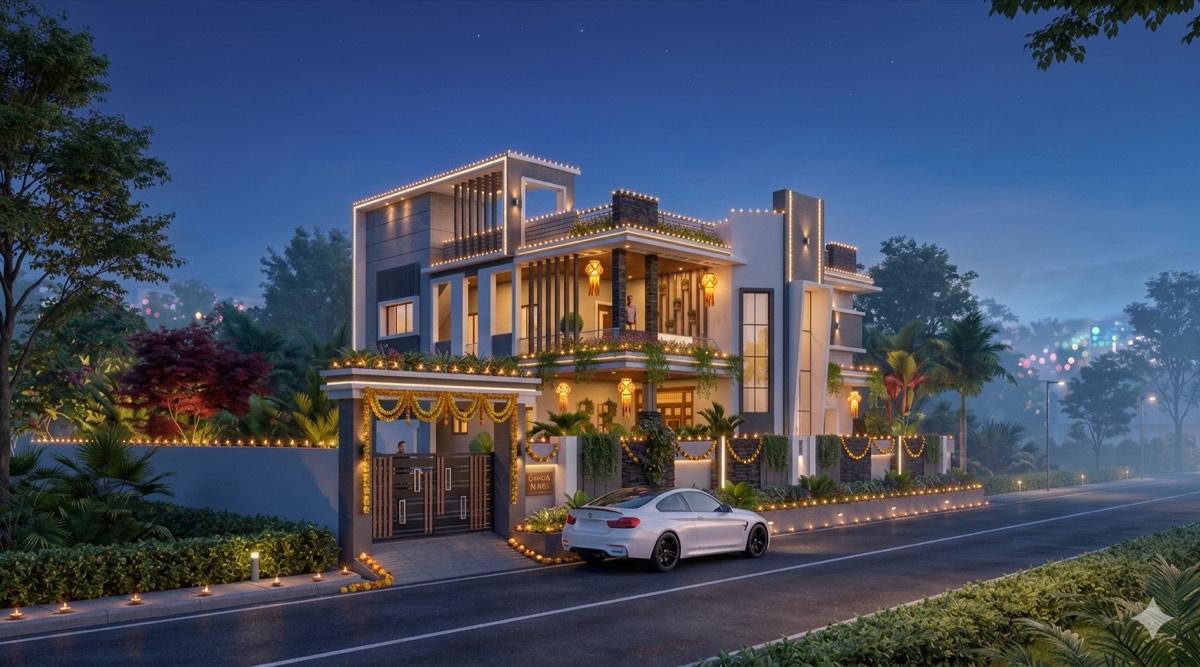 Villa render — Indian festival night with string lights and diyas