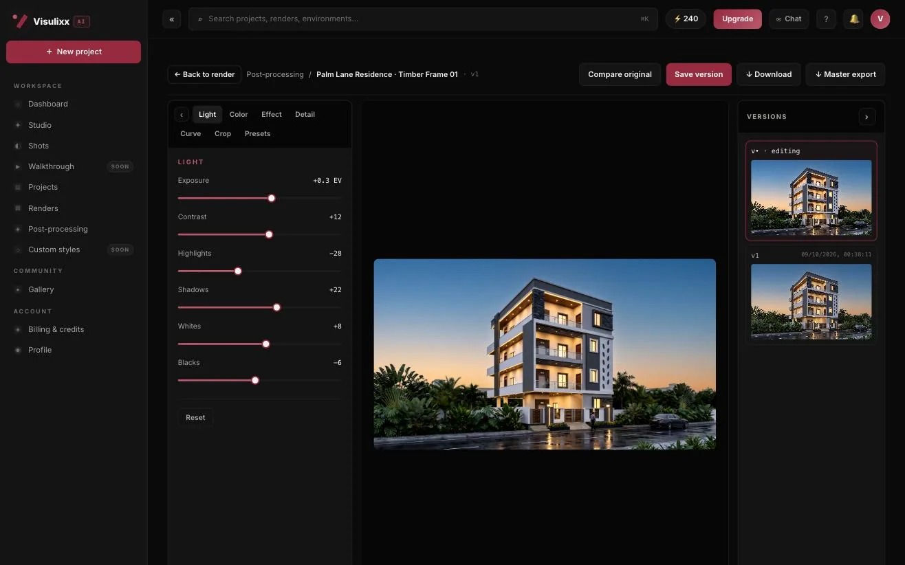 Visulixx post-processing editor with light sliders and version history