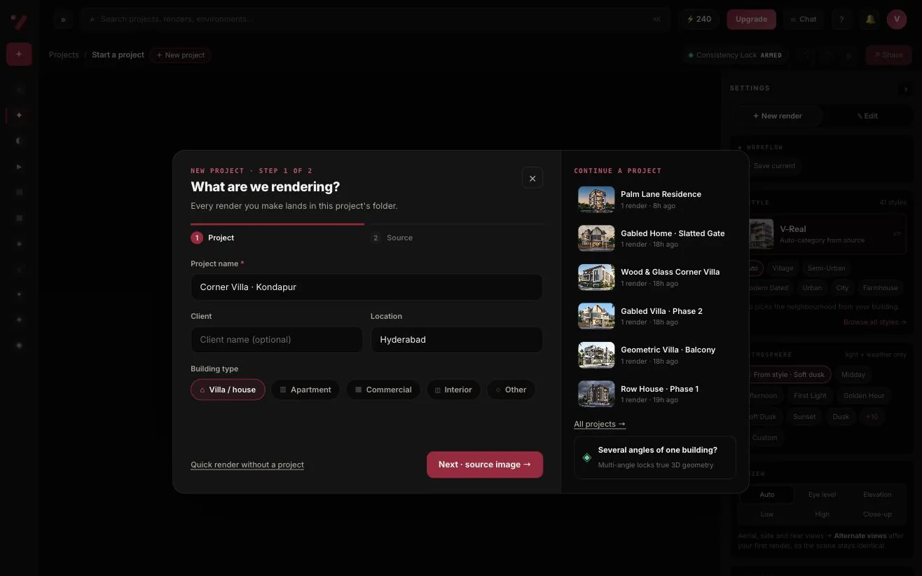 Visulixx Studio new-project wizard with project name, location and building type