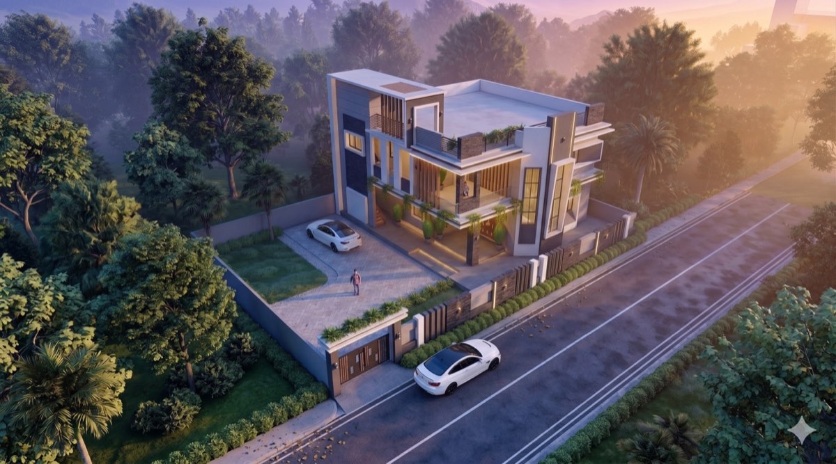 Aerial villa render — golden dawn locked style