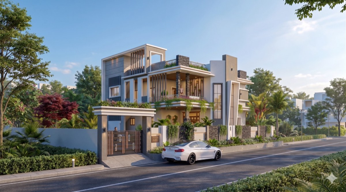 Villa render — clear day tropical style