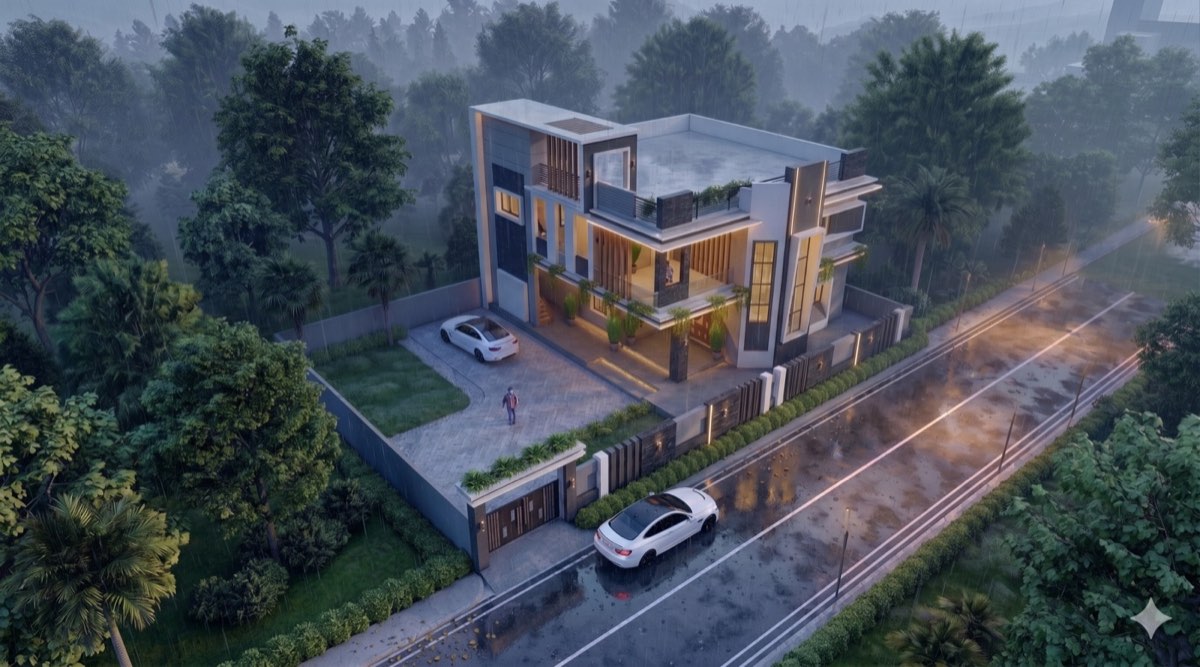 Aerial villa render — monsoon rain locked style