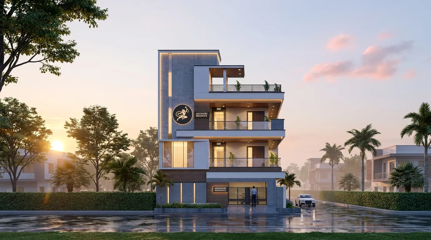 Golden-hour render of a villa