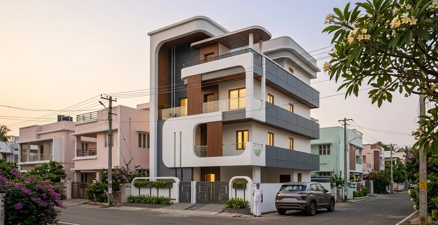 Photoreal dusk render of the same G+3 home on a residential street, made with Visulixx