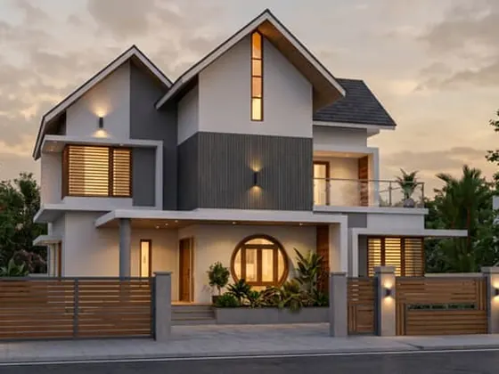 Lamp-lit Villa 25 — Dusk, lamp-lit timber gates