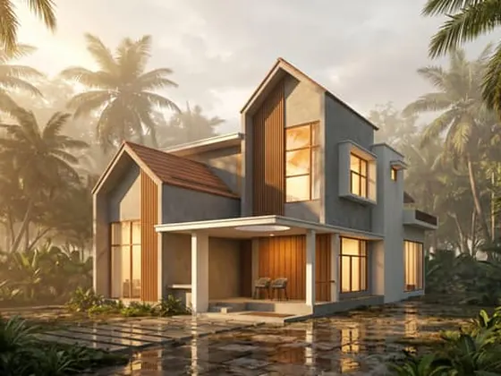 Mist Cottage 06 — Pitched roof, misty golden palms