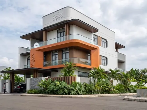 Timber Frame 01 — Corner villa, lush tropical planting, cloudy