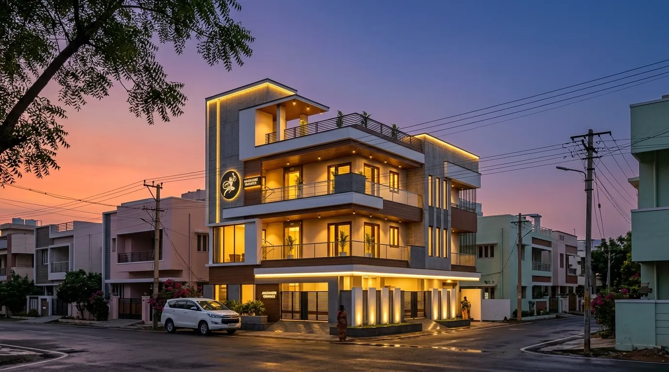 Dusk render of a corner villa