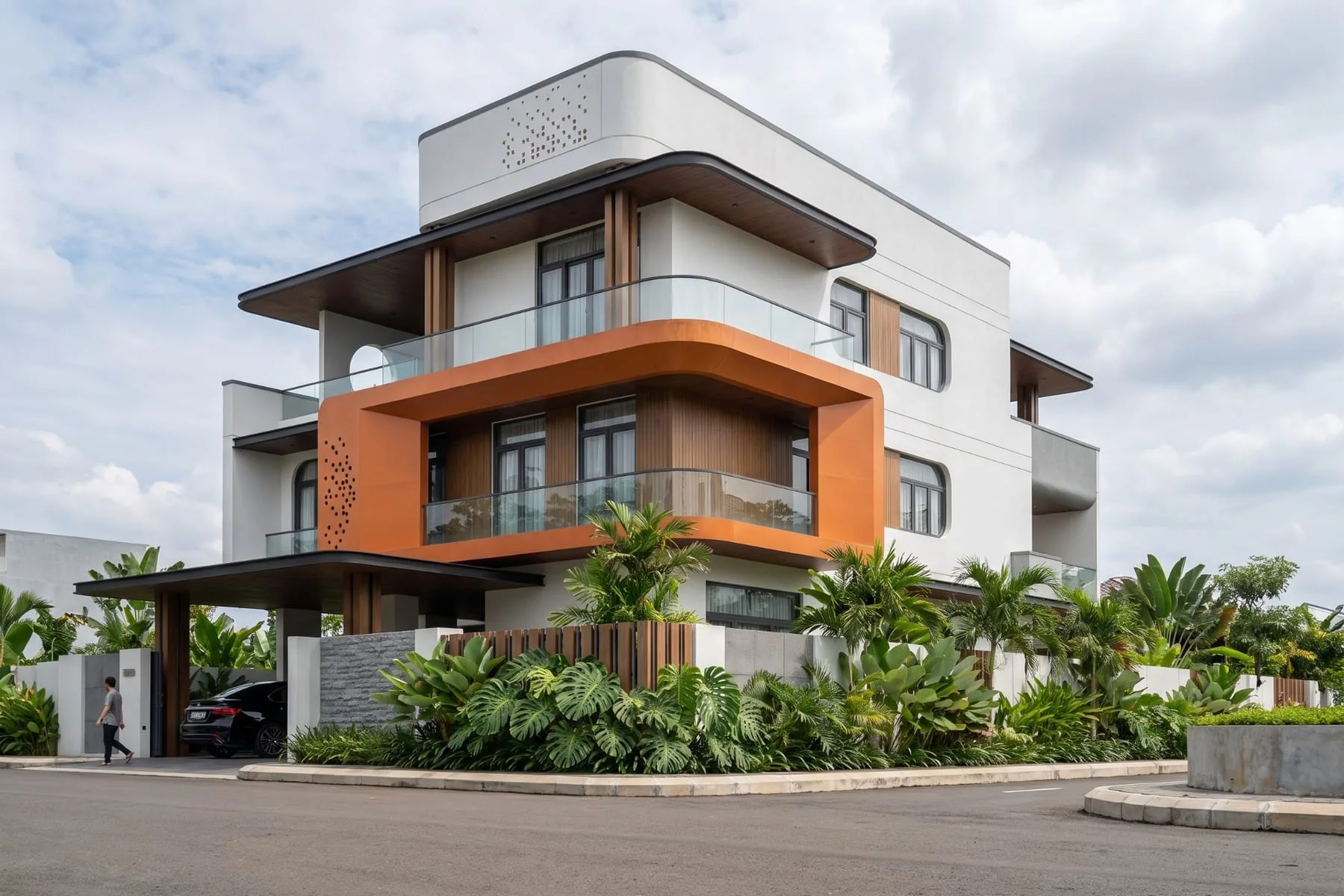 Photoreal render of a three-storey corner villa with an orange wraparound balcony, tropical planting and a cloudy sky