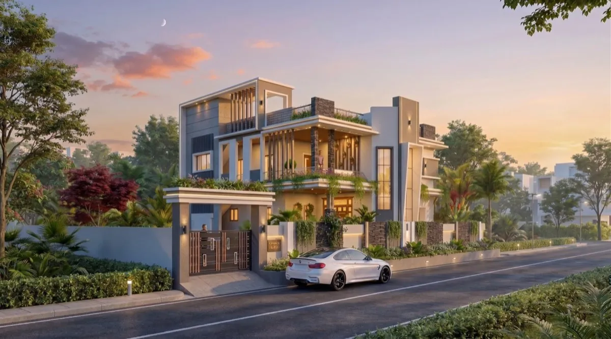 The same villa at dusk with warm lamps