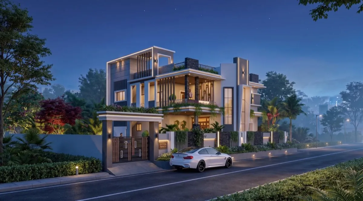 The same villa at blue hour with glowing windows