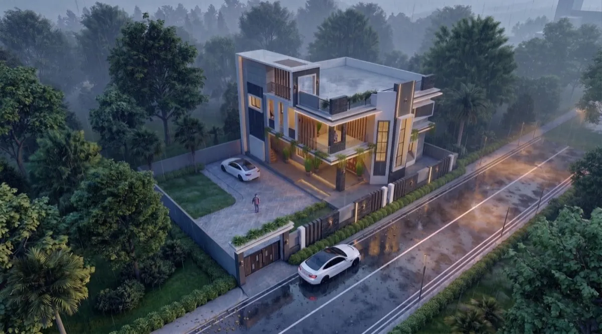 The same villa in monsoon rain with wet road reflections