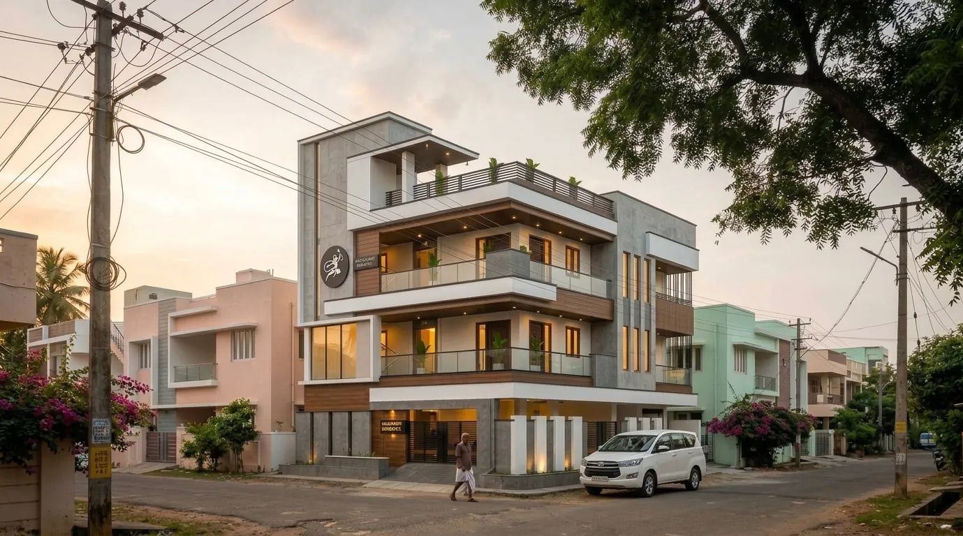 Three-quarter street view of the same building