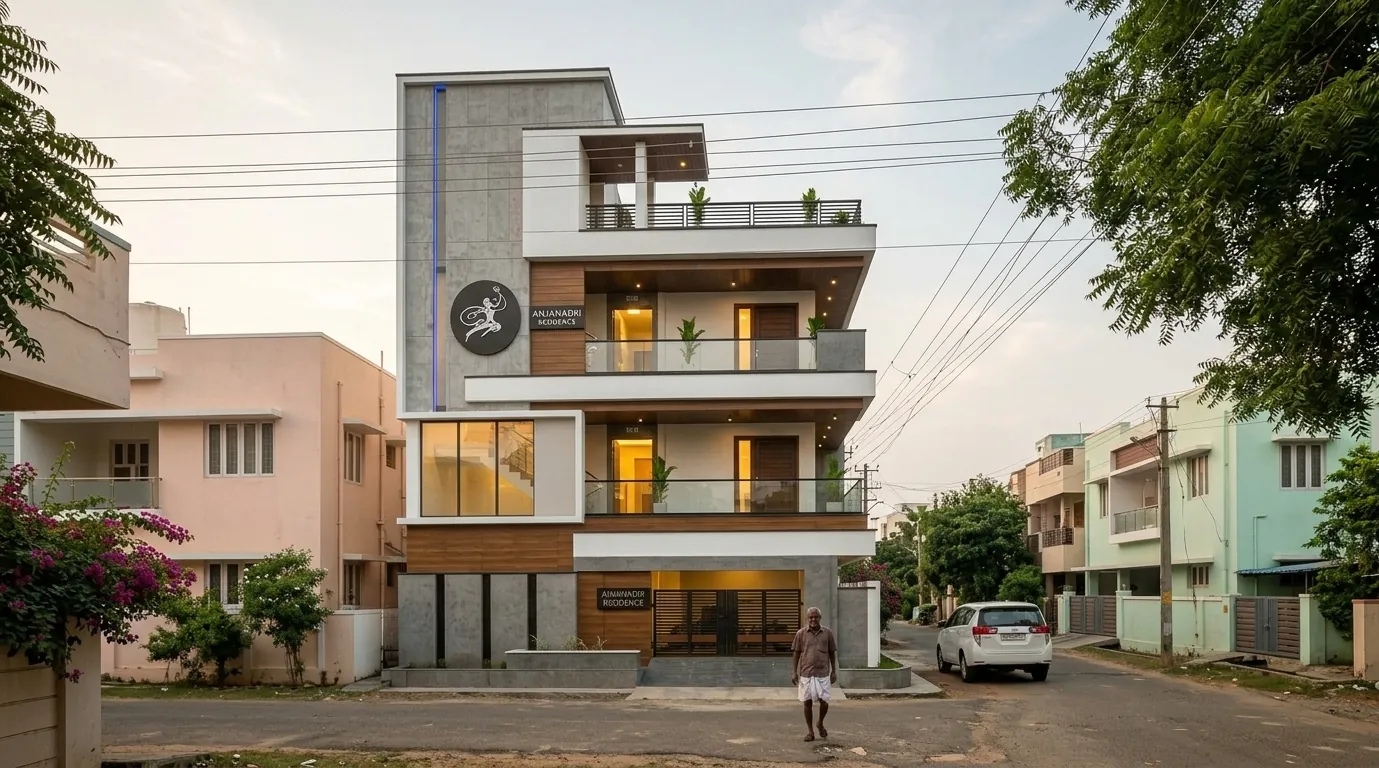 Front elevation shot of the same building