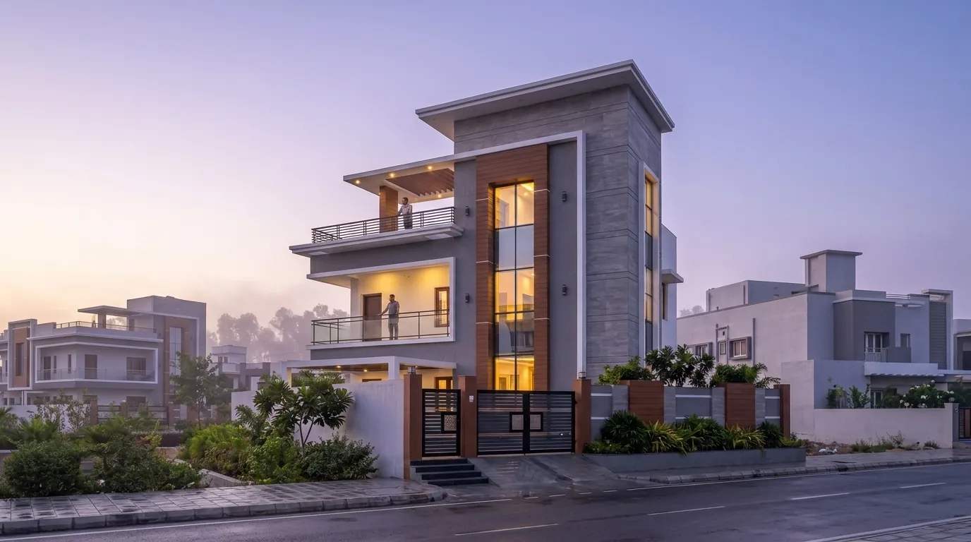 The same G+2 house — Dawn mist