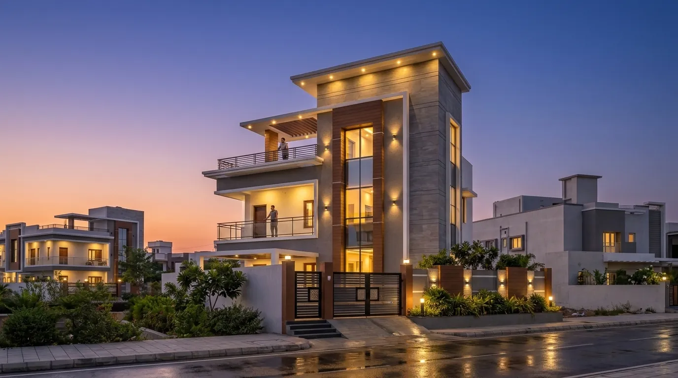 The same G+2 house — Evening · lamps on