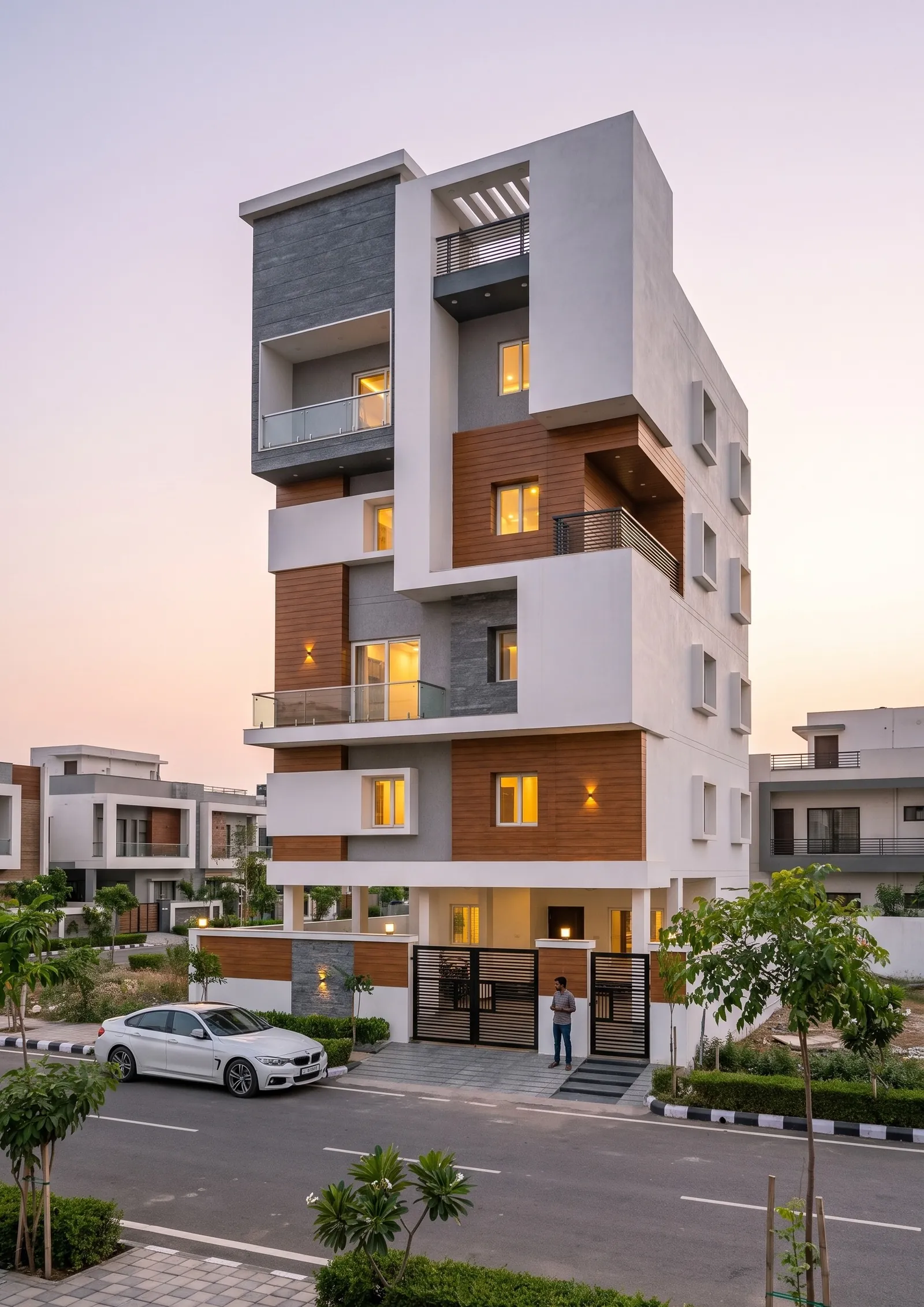 A4 portrait render of a G+4 apartment