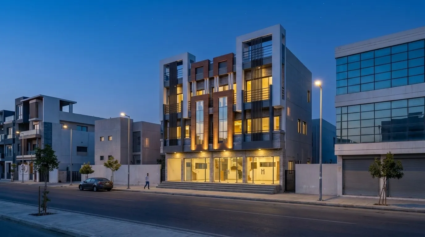 The mixed-use building — Blue hour