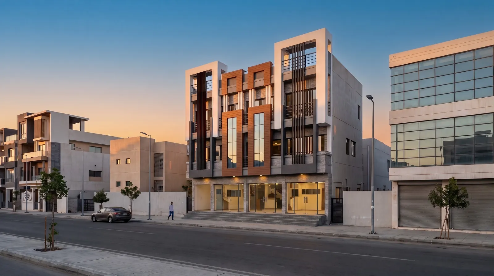 The mixed-use building — Golden hour · alternate