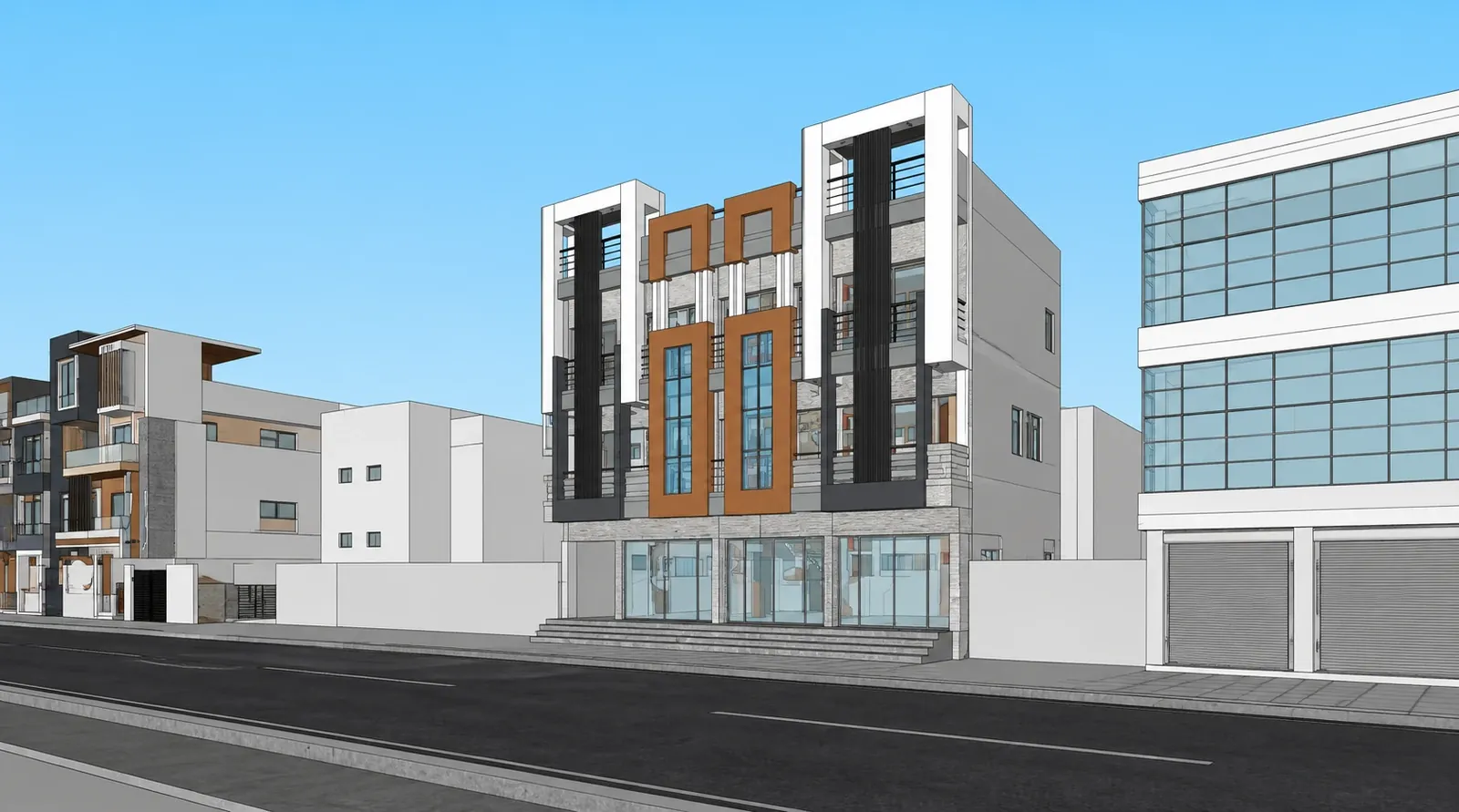 SketchUp source — a G+3 mixed-use building
